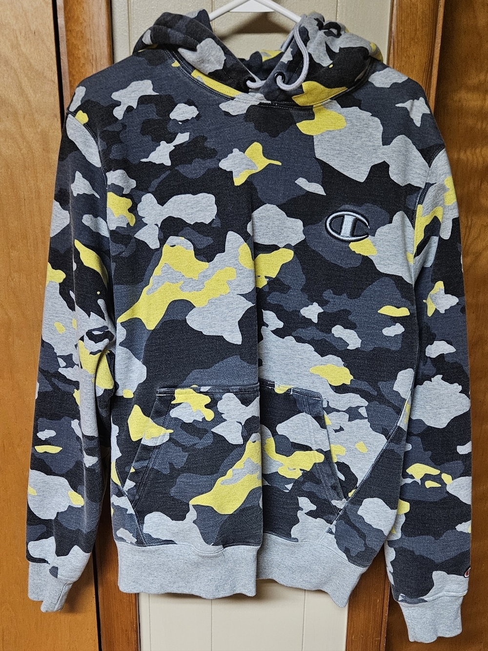 Champion Men’s Gray, Black & Yellow Camo Crewneck Sweater
